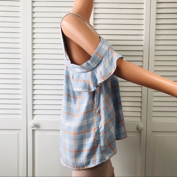 SANCTUARY Blue Orange Plaid Off The Shoulder Shirt Size Large - Picture 4 of 7